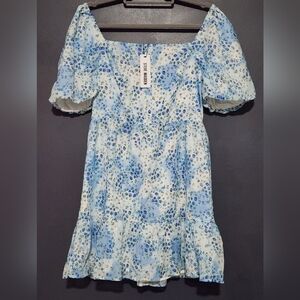 Steve Madden Women's Large Puffer Than You Pale Blue New NWT Floral Dress